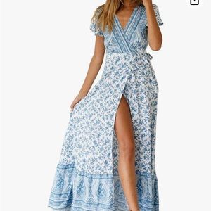 EUC R. Vivimos maxi wrap dress, size M, white & blue floral, light cotton rayon